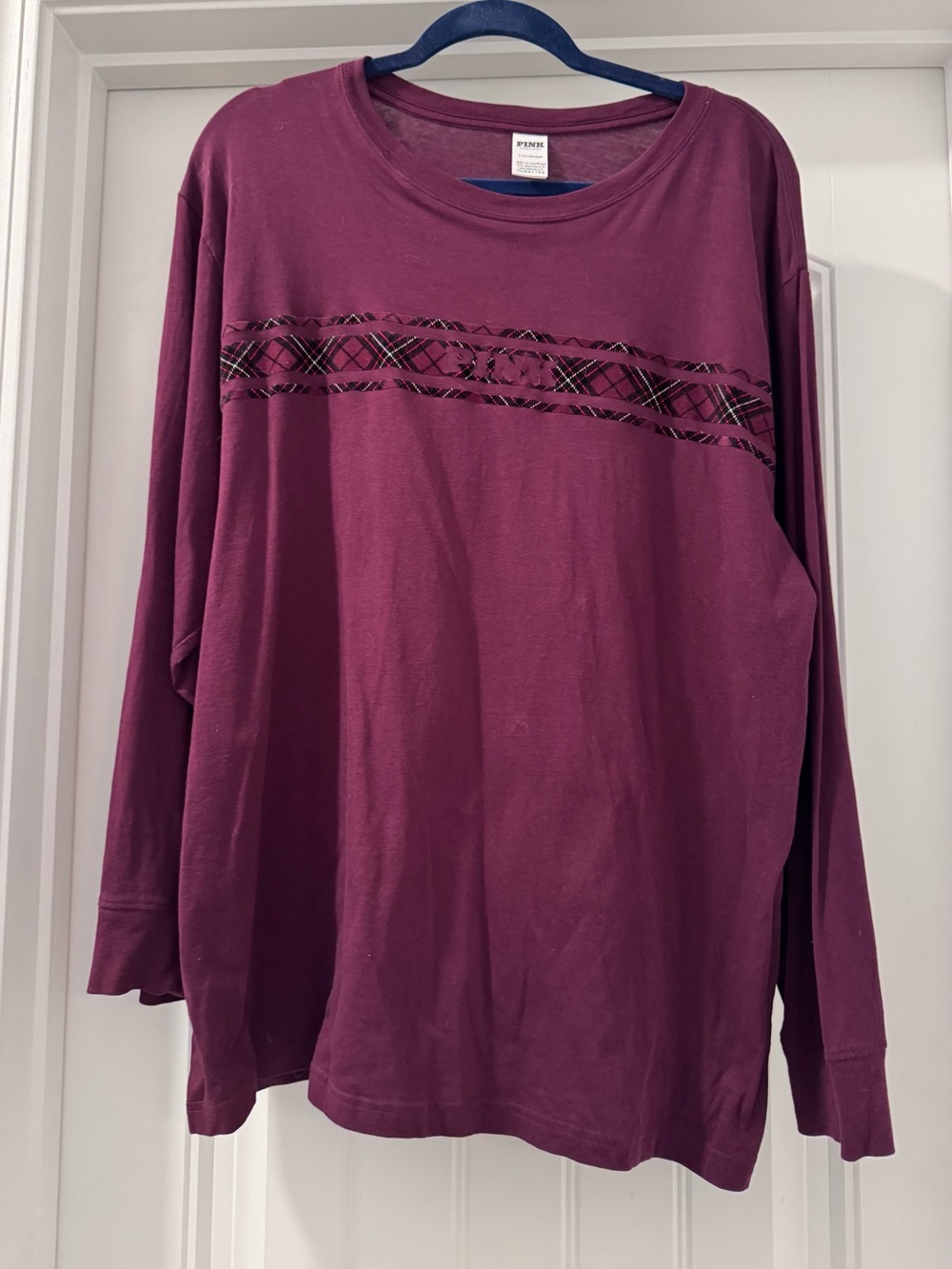 Long Sleeve Burgundy Top with Velvet Plaid Stripe Logo